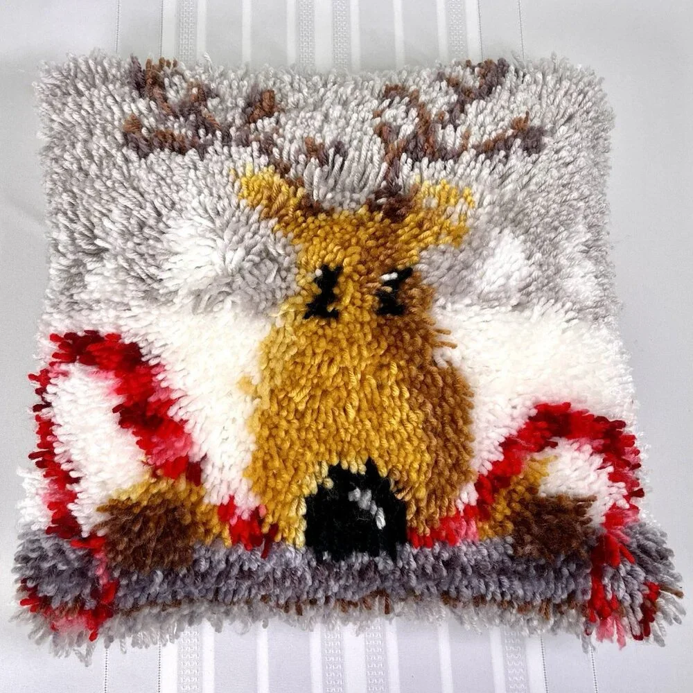 Vintage Latch Hook Shag Christmas Pillow Reindeer with Candy Canes Kitsch 16”